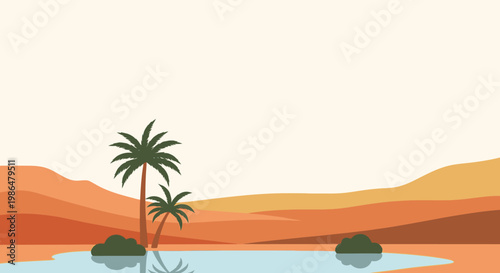 Tranquil desert oasis with palm trees beside a lake at sunset.