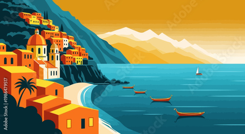 Sunny Coastal Village by the Sea with Boats and Mountains in a Vibrant Landscape.