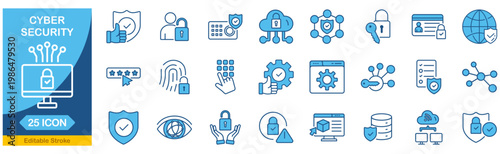 Security web icons In Blue Monochrome. Data protection, key, shield, lock, unlock, eye access. Editable stroke. Vector illustration.