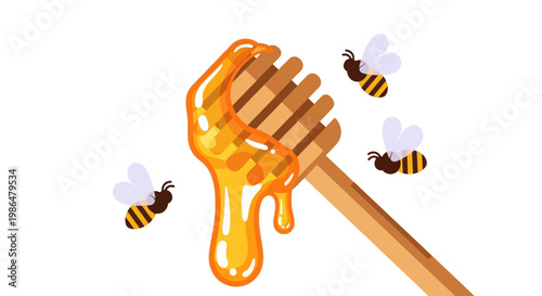 Golden honey drips from a wooden dipper with buzzing bees around a honeycomb scene.