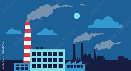 Industrial Factory with Smokestacks and Polluted Sky.