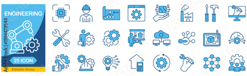 Engineering web icons In Blue Monochrome. Production, application, collection. Editable stroke. Vector illustration. 