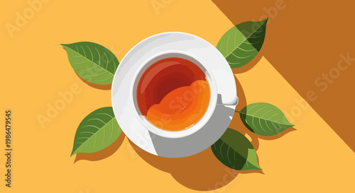 Top View of Tea Cup with Leaves on an Orange Background.