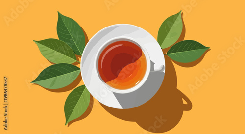 Top-down view of a cup of tea surrounded by green leaves on an orange background.