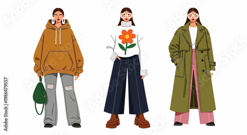 Three illustrated women in stylish outerwear and casual outfits featuring hoodies, coats, and boots.
