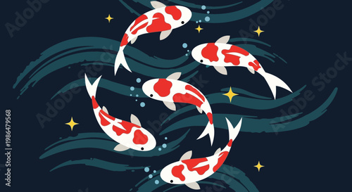 Graceful Red and White Koi Swimming in Rippling Water Under a Starry Background.