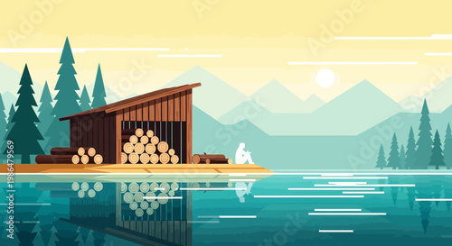 Sunlit Boathouse by a Mountain Lake: Tranquil Sunset, Forest Reflections, and Rustic Cabin on the Shore.