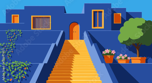 Vibrant blue village stairs with courtyards and warm sunlight in Mediterranean architecture.