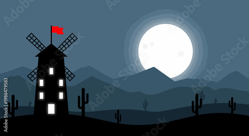 Moonlit Night over Distant Mountains with a Desert Windmill Silhouette.