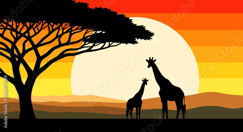 Silhouetted giraffes at sunset beside a lone acacia tree on the savannah landscape.