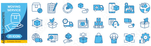 Moving Service web icons In Blue Monochrome. packing, loaders, collection. Editable stroke. Vector illustration.