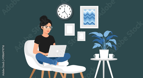 Cozy home office scene with a woman working on a laptop beside plants and coffee in a relaxed living space.