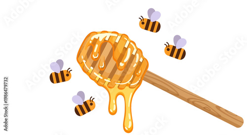 Golden honey dripping from a wooden dipper with buzzing bees around a sweet amber flow.