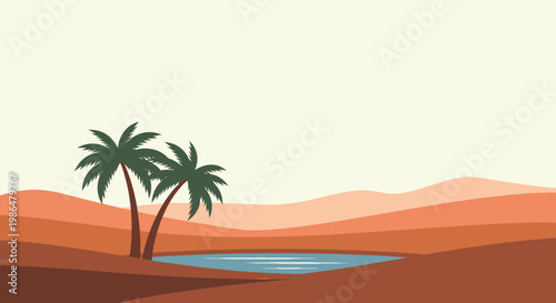 Desert Landscape with Dunes, Palm Trees, and a Small Oasis Pool in a Remote Arid Scene.