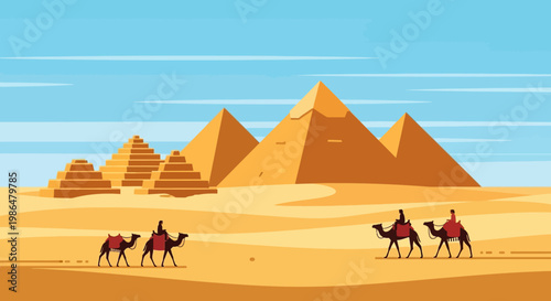 Desert Caravan Approaching Ancient Pyramids Under a Bright Blue Sky.