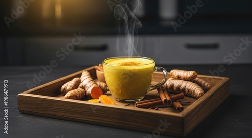 Steaming cup of golden turmeric tea surrounded by fresh turmeric roots and cinnamon