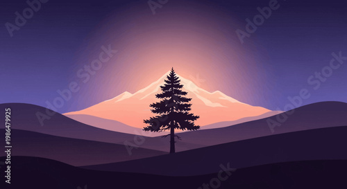 Sunrise over distant mountains with solitary tree silhouette in tranquil landscape at dawn.