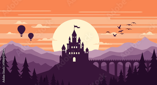 Silhouetted castle on a hillside with a long bridge, balloons, and birds at sunset over a purple twilight landscape.