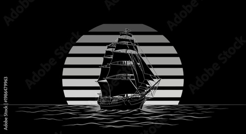 Silhouette of a Sailing Ship on a Dark Ocean Under Striped Moonlit Sky in a Quiet Seascape.