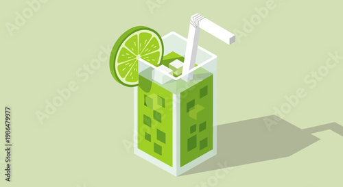 Refreshing green lime juice beverage in a glass with straw and ice.