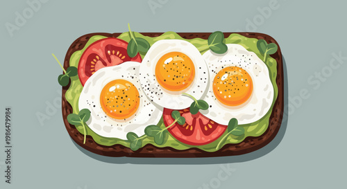 Sunny side up eggs on avocado toast with greens and tomatoes.