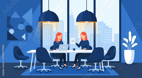 Modern blue-toned office conference room where teammates gather for collaborative discussion and planning.
