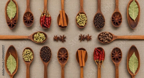 Symmetrical arrangement of wooden spoons containing dried herbs and spices on linen