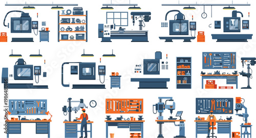 Industrial Factory Machine and Workshop Equipment Icon Set with CNC, Tools, and Workers for Manufacturing and Engineering Designs