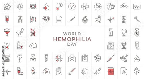 A World Hemophilia Day vector illustration features a linear design with medical icons such as blood drops, DNA strands, and healthcare symbols arranged against a clean white background