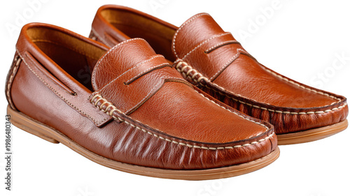 A stylish pair of brown leather penny loafers with intricate white stitching for men isolated on transparent background