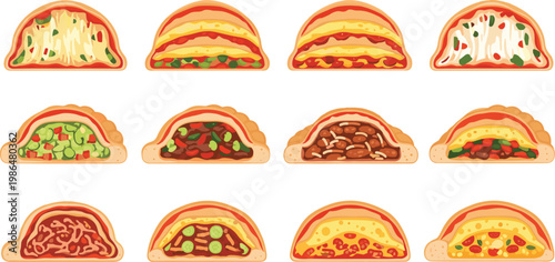 Variety of Pizza Calzone Icon Set with Different Toppings and Fillings for Italian Food, Restaurant, and Menu Designs