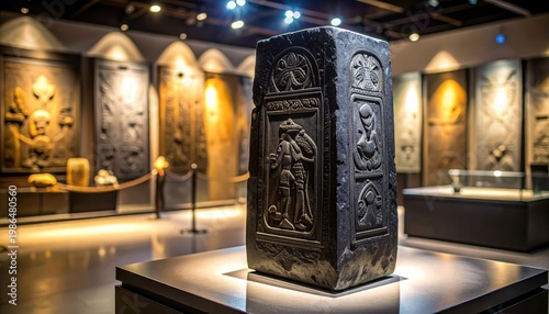 Intricate ancient hieroglyphic carvings on a dark basalt stele displayed in a museum exhibit