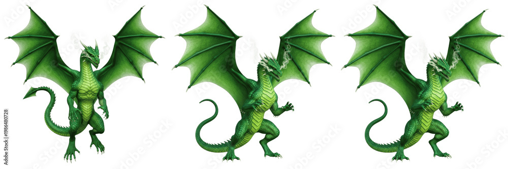 Fototapeta premium Green Dragon Fantasy Creature Set, Mythical Flying Monster with Large Wings and Horns, Realistic Standing and Poses Isolated on White Background, 3D Render Illustration for RPG Game Asset