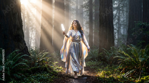 Woman in white dress holding feather standing on path in forest