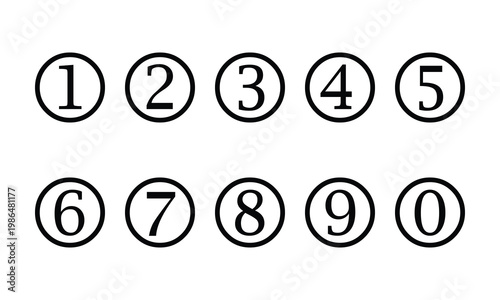 Minimal Black Number Set 0 to 9 in Circle Outline Vector