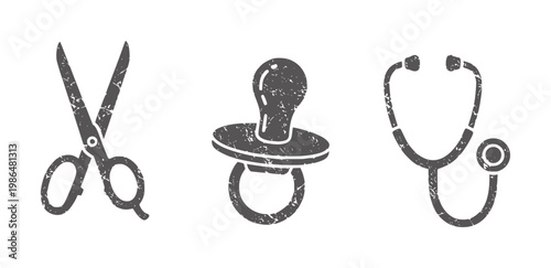 Grey distressed of scissors pacifier and stethoscope white medical baby