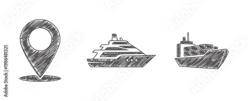 Hand drawn location pin and two ships a yacht and a cargo ship marker