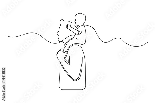 Father carrying child on shoulders continuous line drawing minimalist outline