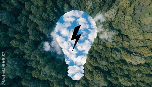Aerial forest canopy with lightbulb-shaped clearing revealing blue sky, clouds, lightning bolt. Green energy, renewable power, eco-innovation concept.