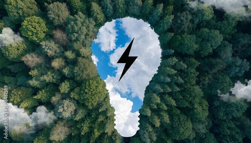 Aerial forest canopy with lightbulb-shaped clearing revealing blue sky, clouds, lightning bolt. Green energy, renewable power, eco-innovation concept.
