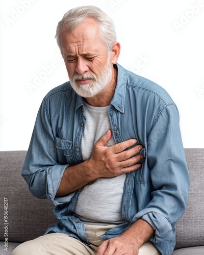 An elderly man with gray hair is holding his chest in discomfort while seated on a couch, displaying signs of distress potentially related to a heart condition.