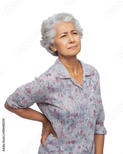 An elderly woman with gray hair experiences back pain while standing, isolated on a white background.