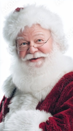 Cheerful Santa Claus with a white beard and red costume, smiling happily on a white isolated background.