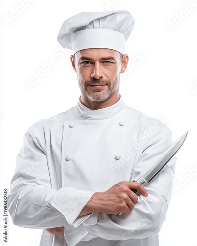 Professional chef in white uniform holding a knife, exuding confidence and skill in the kitchen, isolated on white background.