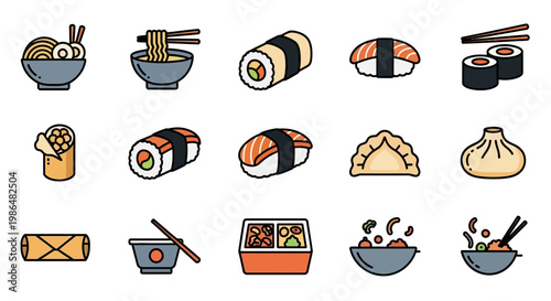 Flat Asian Food Icon Set, Minimalist Vector Illustration of Sushi, Ramen, Dim Sum, and Bento Box for Restaurant Menu Design