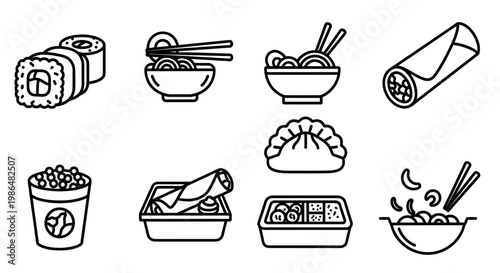 Asian Food Icon Set, Japanese Cuisine Line Art, Sushi, Ramen, Dumpling, and Bento Box Vector Illustration