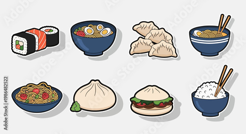 Asian Food Vector Icon Set, Cartoon Illustration of Sushi, Ramen, Dim Sum, and Noodles in Sticker Style.