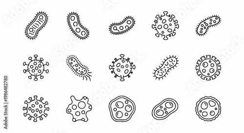 Hand-drawn doodle set of various bacteria and virus cells.
