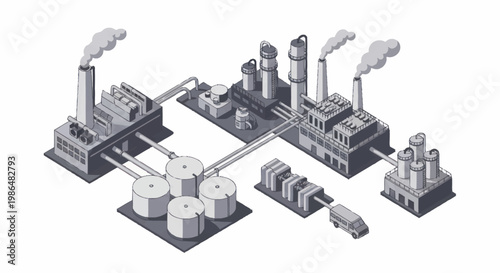 Industrial complex with factories, storage tanks, and interconnected pipelines.