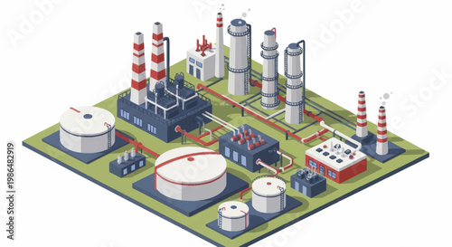 Isometric Industrial Plant with Storage Tanks and Processing Units.